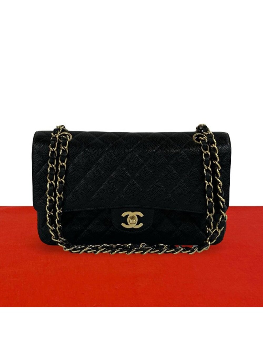 Chanel Quilted CC Logo Double Flap Caviar Leather 2-Way Shoulder Bag Black
